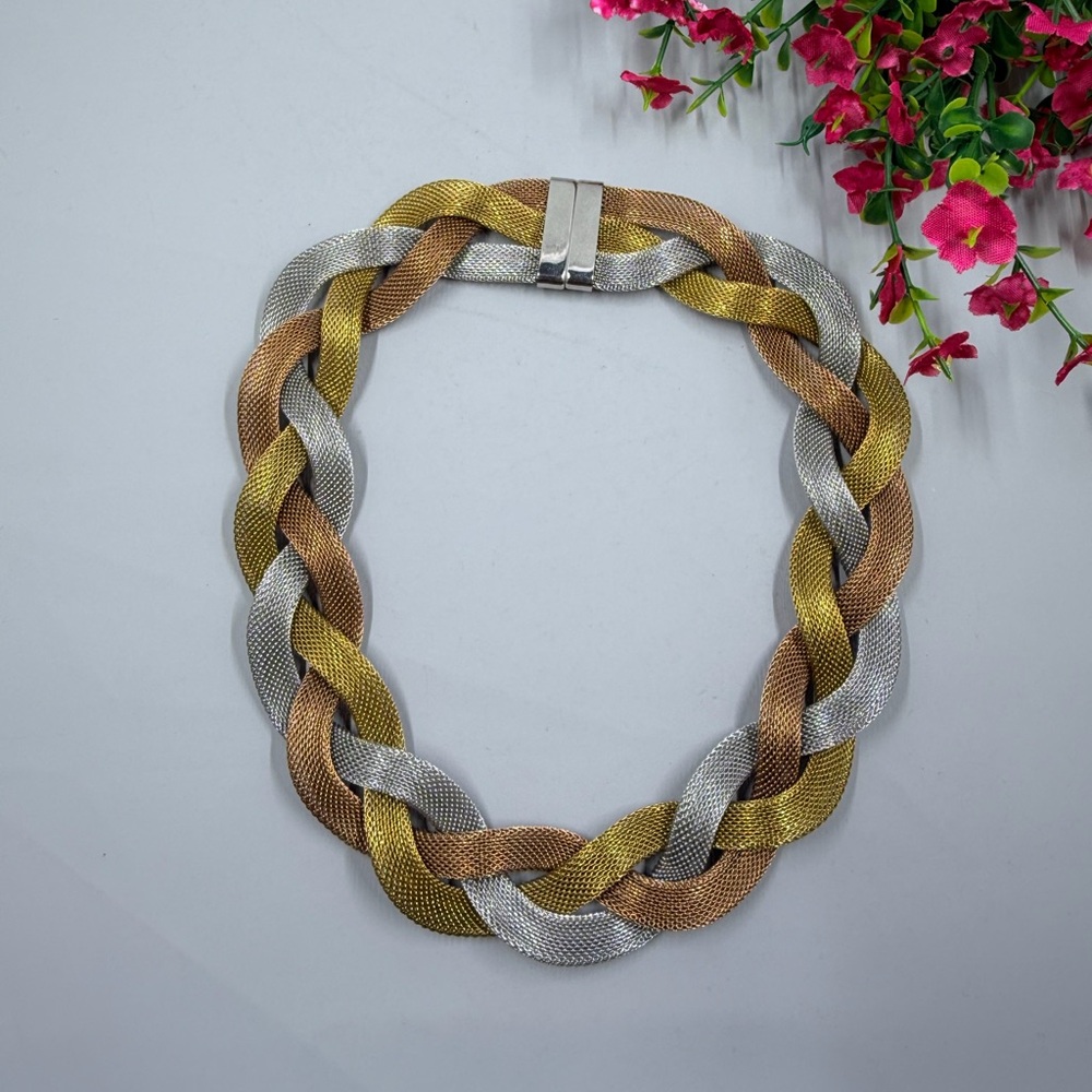 Tri-Tone Braided Mesh Statement Necklace - Gold Silver Bronze